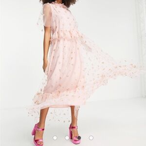 Sister Jane Blush Pink Tulle Maxi Dress with Gold Heart Motif